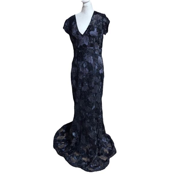 Betsy And Adam Gown Navy Blue Lacy Metallic Sequins Size 12 Lined - Picture 1 of 6